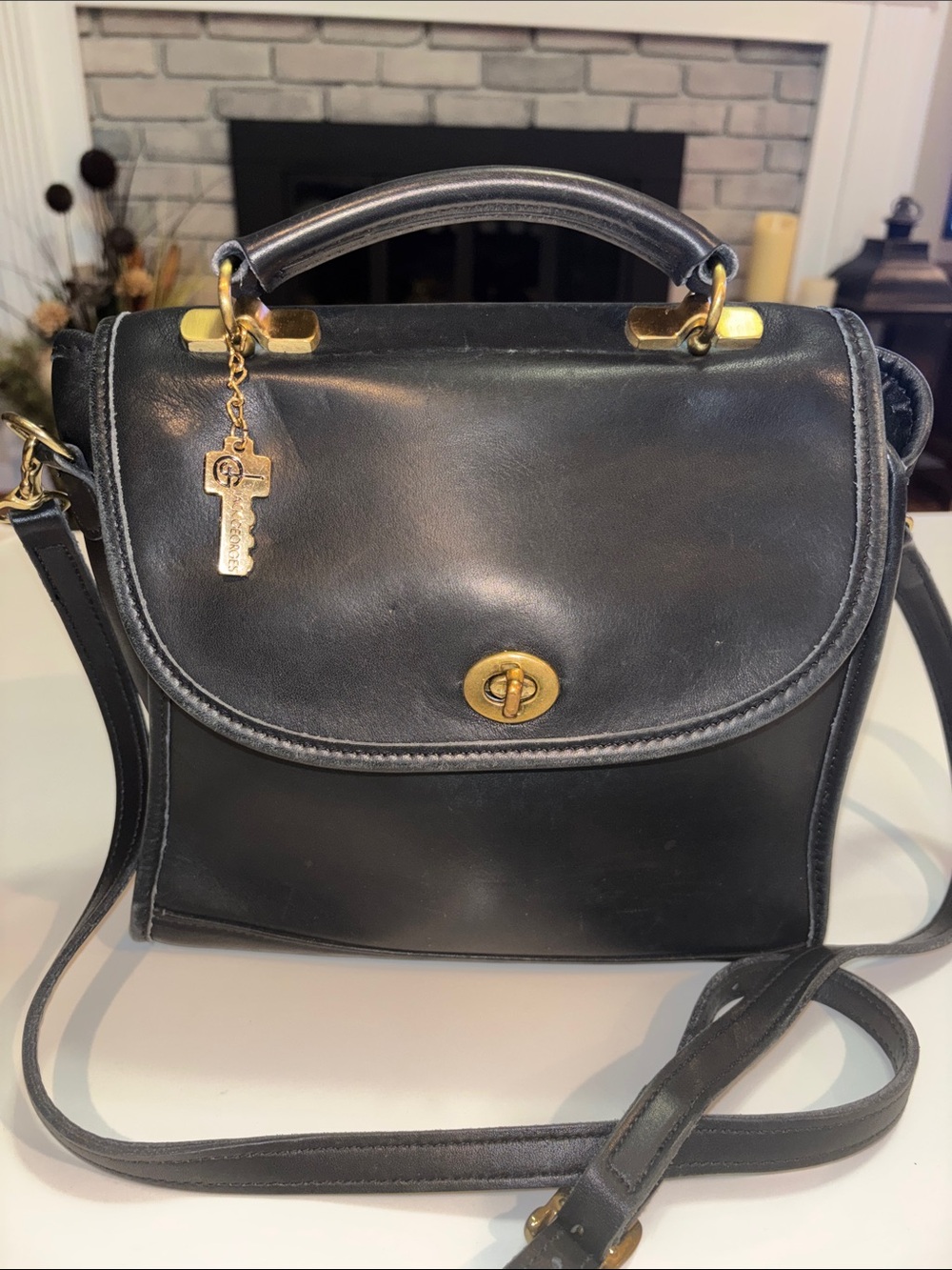 Jack George’s Classic Black Leather Crossbody Bag with Gold Hardware Made in USA